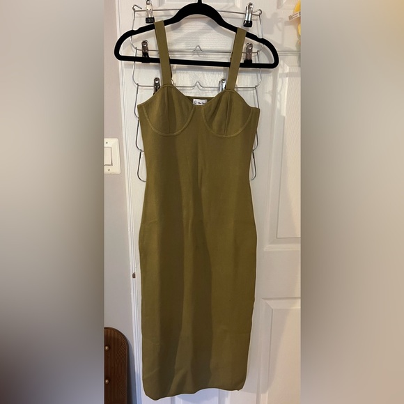 The Drop Dresses & Skirts - Olive Green Strap Midi Bodycon Dress with Structured Bust